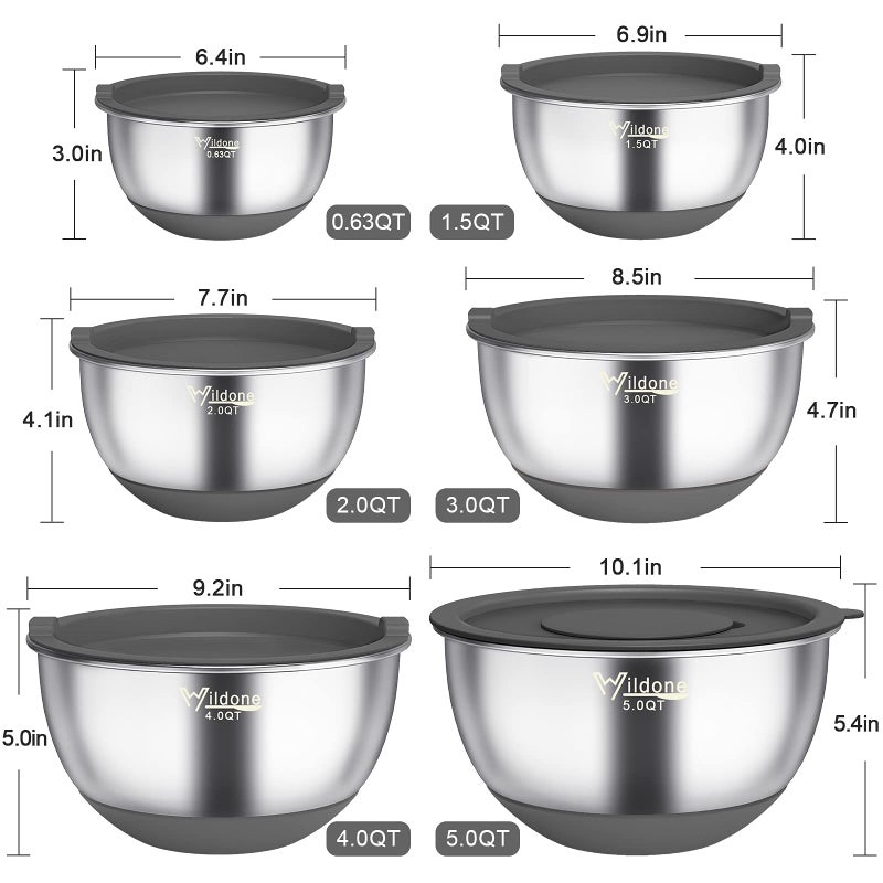 Wildone Mixing Bowls with Airtight Lids, 22 PCS Stainless Steel Mixing Bowls Set, 3 Grater Attachments, Measurement Marks & Non-Slip Bottom, Size 5, 4, 3, 2,1.5, 0.63QT, Ideal for Mixing & Prepping - Image 2